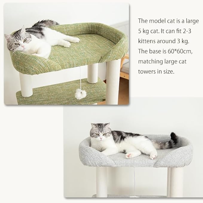 Cat Tree for Indoor Cats Large Adult, Modern Cat Tree Tower with Sisal-Covered Scratching Posts, Cozy Perches, Hammocks, and Interactive Toys for Kittens, (Linen Fabric Green 37.4-Inch)