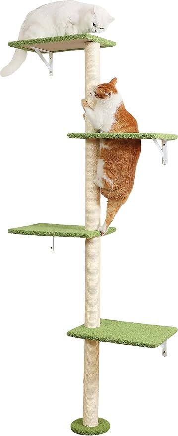 Tall Cat Scratching Posts,4 Tier Corner Cats Tree, Wall Mounted Kitten Tower,Carpeted Climbing Wall for Indoor Kitty Perching,Playing and Lookout(Green)