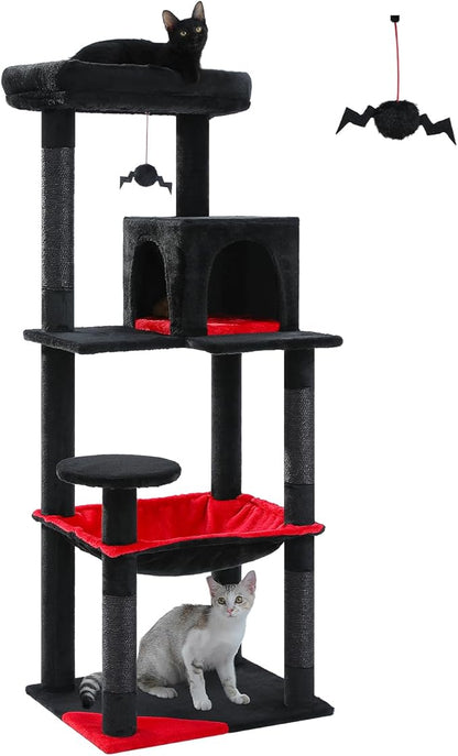 PEQULTI Cat Tree for Large Cats with Metal Frame Big Hammock, Cat Tower for Indoor Cats with 2 Door Condo House, [56.3"=143cm] Multi-Level Cat Shelves with Scratching Posts and Top Perch, Black