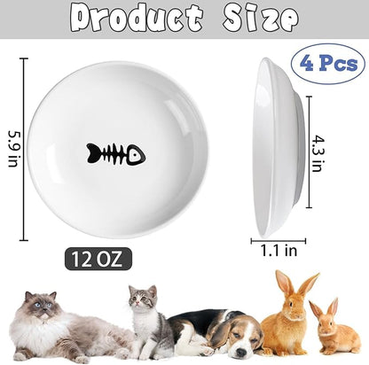 BNOSDM 4 Pcs Cat Food Bowls with Non-Slip Silicone Bottom Shallow Ceramic Cat Bowl Whisker Fatigue Pet Dry/Wet Food Dishes Set for Indoor Small Cats Kittens Kitty (Grey Silicone)