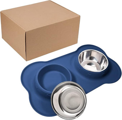 AsFrost Dog Food Bowls Stainless Steel Dog Food and Water Bowl Set, Dog Bowls No Spill Non Slip Silicone Mat, Dog Dishes for Small Medium Size Dogs Cat Puppy Pet Food Feeding Bowls, Blue, 12oz