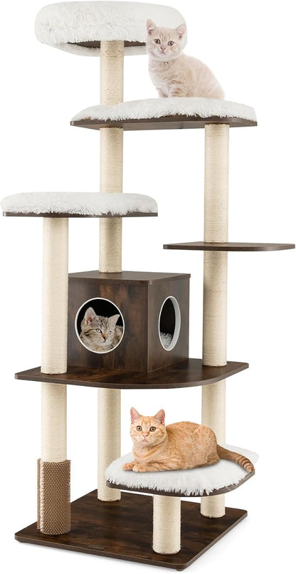 PETSITE Tall Cat Tree for Indoor Cats, 71 Inches Multi-Level Modern Cat Tower with Plush Perch, Cozy Condo, Platforms, Sisal Scratching Posts, EVA Massage Comb & Removable Cushions (Brown)