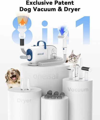 oneisall Dog Vacuum & Dryer for Shedding Grooming, 8 in 1 Dog Grooming Kit with Metal Blades Pet Clippers, Adjustable Speed and Temperature Control Blower
