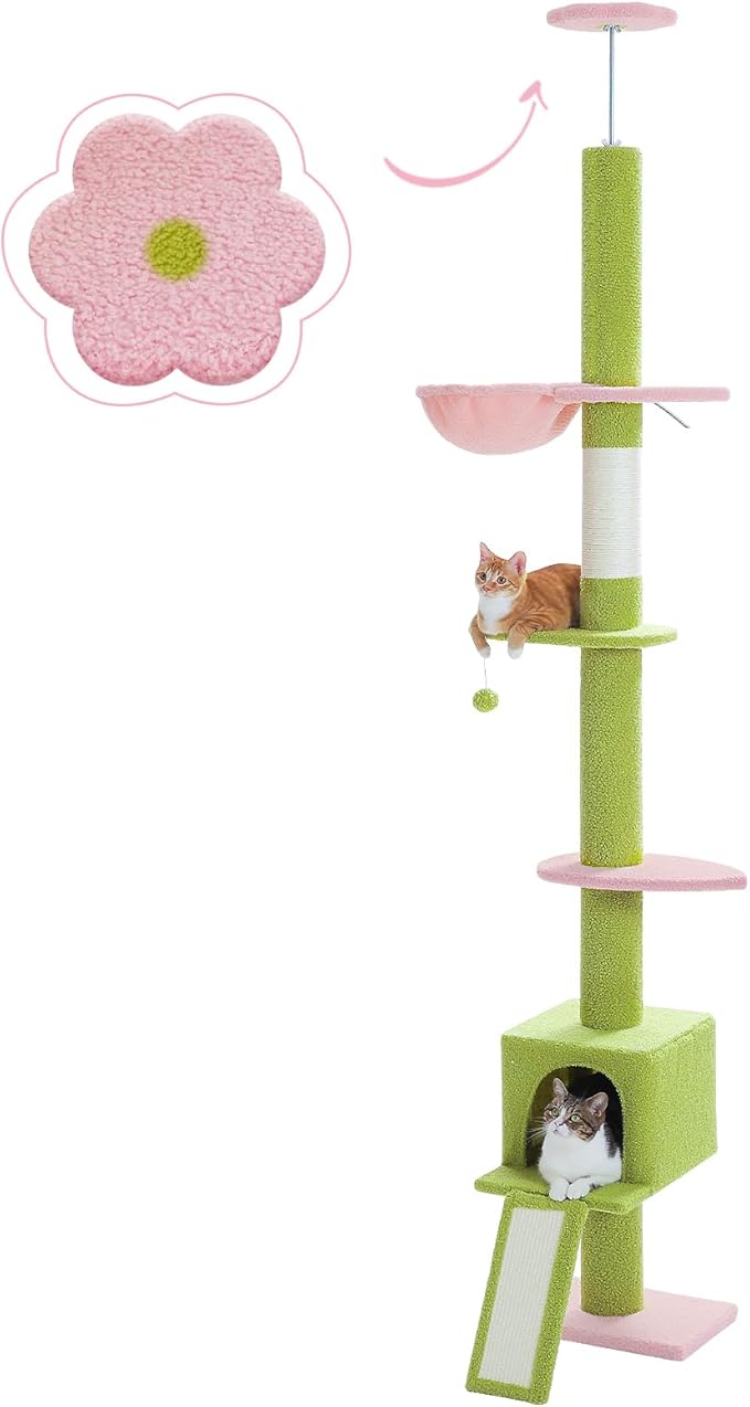 PEQULTI Cat Tree Floor to Ceiling, Green Cat Tower, Adjustable Height (83''-108'') 5 Tiers Tall Climbing Tree for Indoor Cats with Cat Condo, Scratching Post and Ladder, Light Green