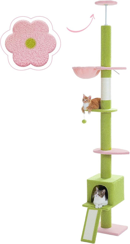 PEQULTI Cat Tree Floor to Ceiling, Green Cat Tower, Adjustable Height (83''-108'') 5 Tiers Tall Climbing Tree for Indoor Cats with Cat Condo, Scratching Post and Ladder, Light Green