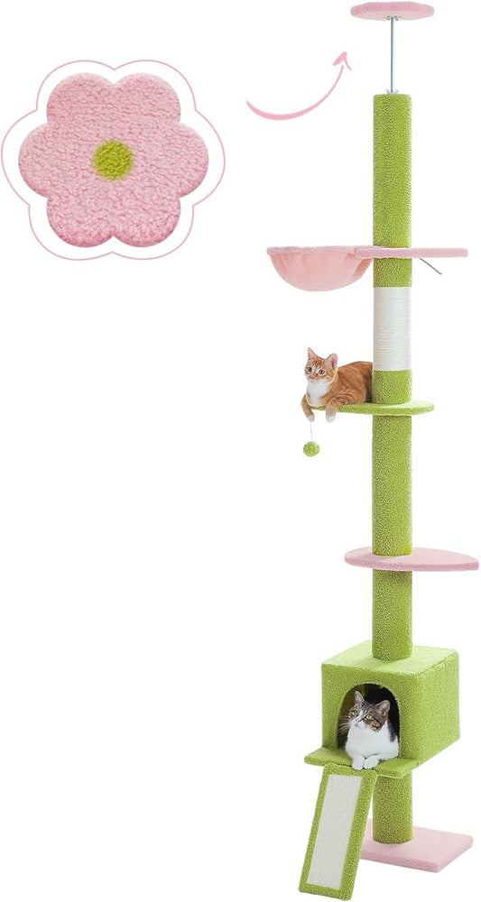 PEQULTI Cat Tree Floor to Ceiling, Green Cat Tower, Adjustable Height (83''-108'') 5 Tiers Tall Climbing Tree for Indoor Cats with Cat Condo, Scratching Post and Ladder, Light Green
