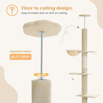 PEQULTI Cat Tree Floor to Ceiling, Tall Cat Tower, Adjustable Height (83''-108'') 5 Tiers Climbing Tree for Indoor Cats with Cat Condo, Scratching Post and Ladder, Beige