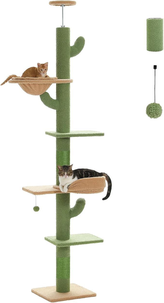 PETEPELA Floor to Ceiling Cat Tree, Cactus Cat Tower, Tall Cat Climbing Tree[87"-100"] Height Adjustable, 5 Levels with Top Perch and Replaceable Hammock for Indoor Cats, Cactus Green