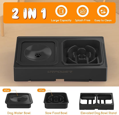 URPOWER 2-in-1 Elevated Slow Feeder Dog Bowls with No Spill Dog Water Bowl 4 Height Adjustable Raised Dog Bowl Non-Slip Dog Food and Water Bowls with Stand for Small Medium Large Dogs, Cats and Pets
