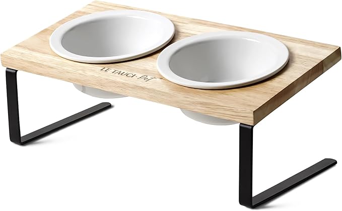 Elevated Dog Bowls, Raised Dog Bowl Stand with Two 5.1 inch Ceramic Bowls, Non-Slip Cat Food and Water Dish for Small and Medium Breed, White