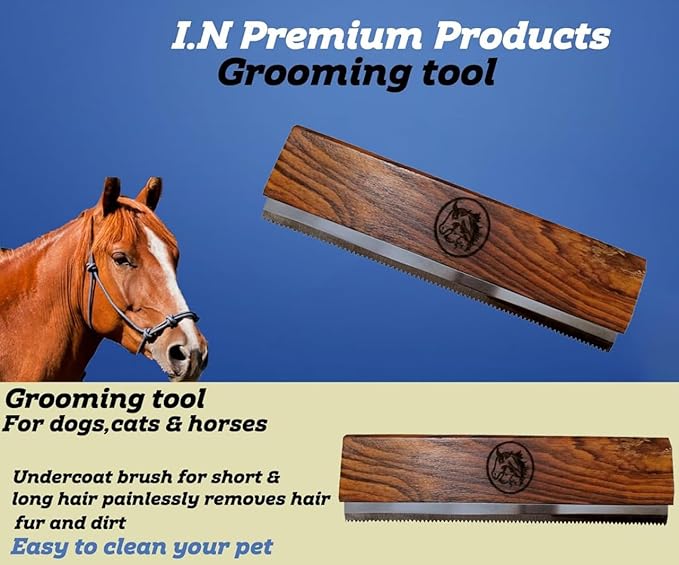 Original Deshedding Grooming Tools for Horse, Cats & Dogs Easy Ergonomic Wooden Handle Professional Brush Grooming Tool, Remove painlessly 95 Percent of Lose Hair Fur & Dirt (8 inch)