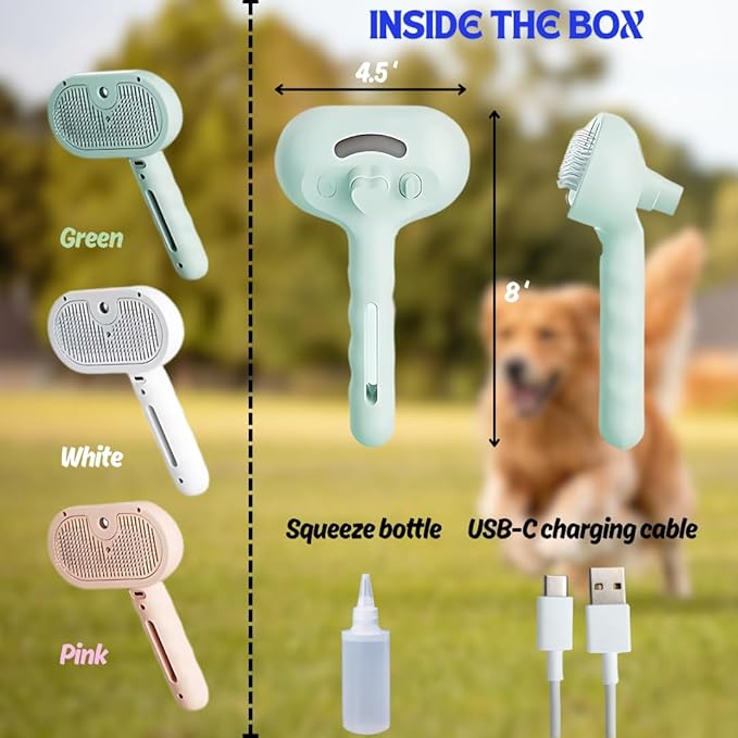 Pet Steam Brush for Cats Dogs, 3-in-1 Cat Grooming Tool with Water Spray and Quick Hair Release Button, Hair Removal Comb for Shedding, Steamy Brush (White)