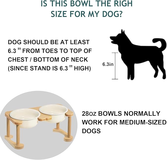 Elevated Ceramic Dog Bowls, Porcelain Raised Dog Bowl with Anti-Slip Stand, Pet Feeding Dishes for Medium Sized Dogs, Pet Feeder Bowl Set for Food and Water (6.3" Tall-28oz-Cream White)