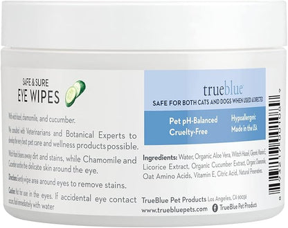 TrueBlue Cucumber & Chamomile Safe and Sure Dog Eye Wipes – Pre-Moistened Textured Pads for Tear Stain Eye Cleaning – Cleansing Eye Wipe for Dogs, Puppies – Non-Toxic, All-Natural – 50 Count