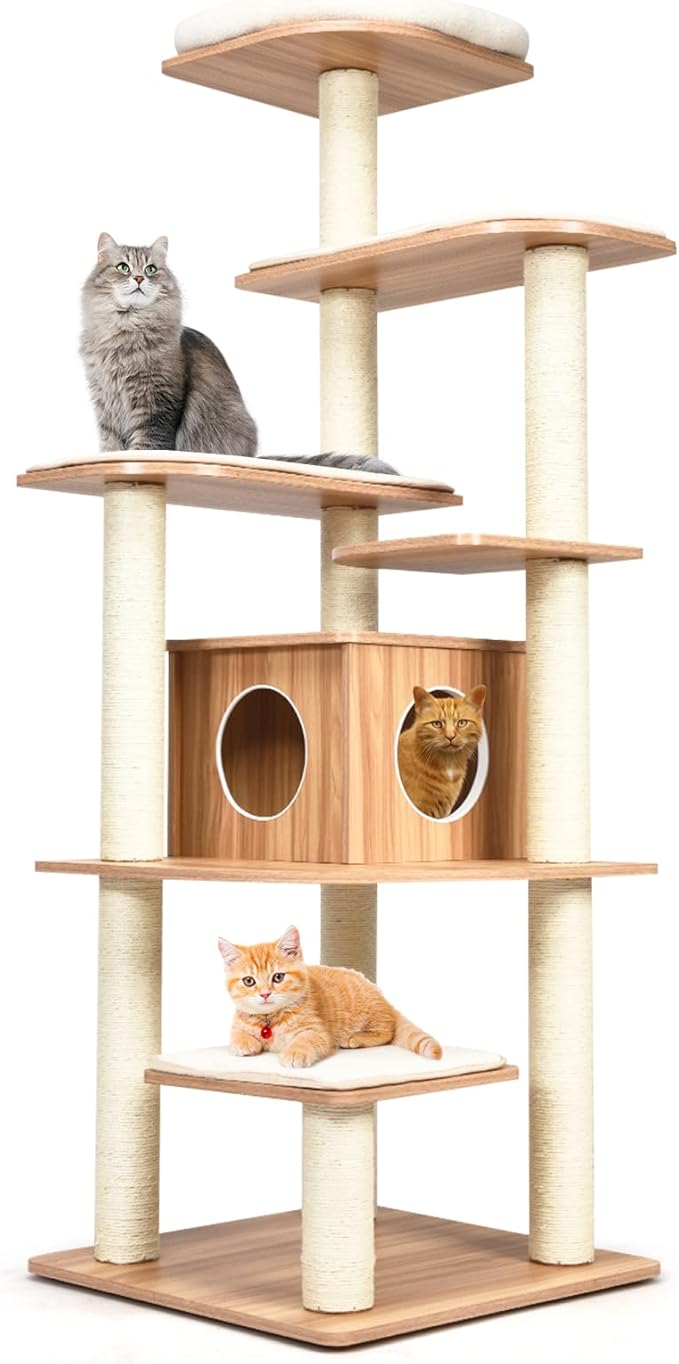 PETSITE Tall Cat Tree for Indoor Cats, 69 Inches Multi-Level Modern Cat Tower with Plush Perch, Cozy Condo, Platforms, Sisal Scratching Posts, EVA Massage Comb & Removable Cushions (Natural)
