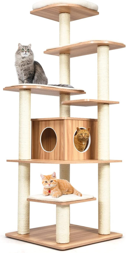 PETSITE Tall Cat Tree for Indoor Cats, 69 Inches Multi-Level Modern Cat Tower with Plush Perch, Cozy Condo, Platforms, Sisal Scratching Posts, EVA Massage Comb & Removable Cushions (Natural)
