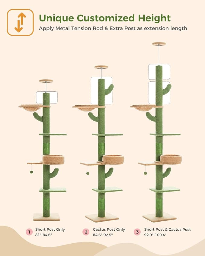 PETEPELA Floor to Ceiling Cat Tree, Cactus Cat Tower, Tall Cat Climbing Tree[87"-100"] Height Adjustable, 5 Levels with Top Perch and Replaceable Hammock for Indoor Cats, Cactus Green