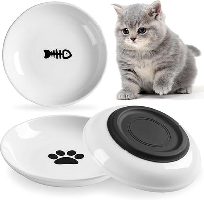 Cat Food Bowl,Healthy Ceramic Cat Bowls for Indoor Cats,Anti Whisker Fatigue Cats Dishes Set,Shallow Wide Kitten Plates for Food and Water,Non-Slip Silicone Bottom,3 Pack