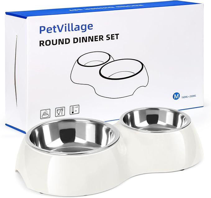 Double Dog Bowls Set – Non-Slip Pet Food & Water Dishes with Resin Stand, Includes Small (1 Cup) & Medium (2 Cups) Bowls – Ideal for Puppies, Cats, and Medium Dogs – White