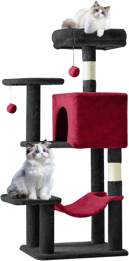 Sweetcrispy 44 inch Cat Tree Tower, Multi-Cat Climbing Tower with Condo, Natural Sisal Scratching Posts, Extended Platform, Hammock, Pet House for Indoor Cats and Kittens Play, Black and Red