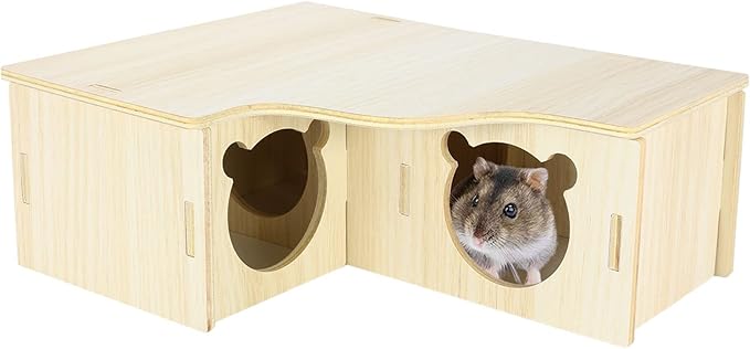 Multi-Chamber Hamster House Maze, 3-Room Hideouts, Wooden Hamster Maze & Tunnel Exploring Toys, Dwarf Hamster House Habitats Decor for Hamster Mice Gerbils Lemmings