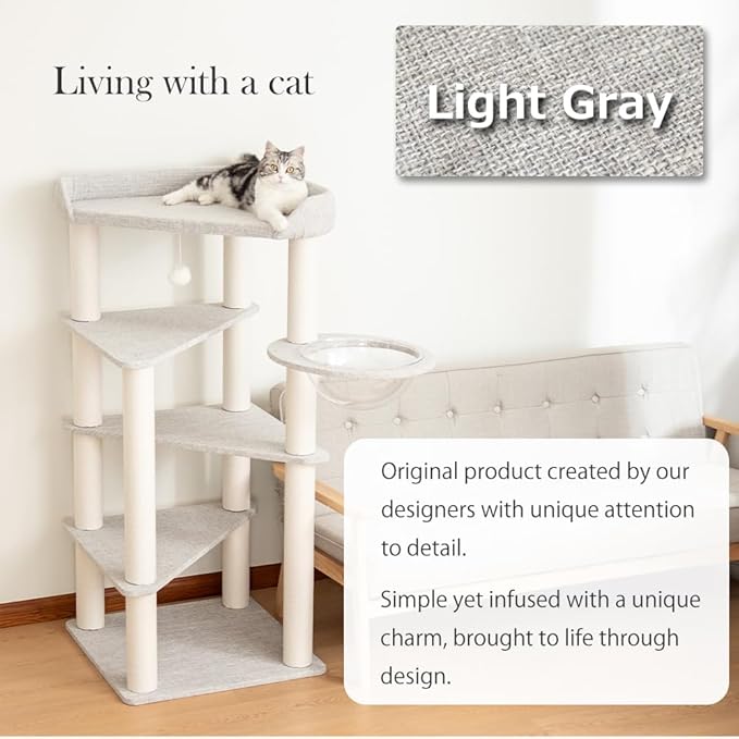 Cat Tree for Indoor Cats, 53” Tall Modern Cat Tower with Acrylic Bowl Bed & Multi-Level Platforms, Stable Cat Condo for Large Cats (Light Gray)