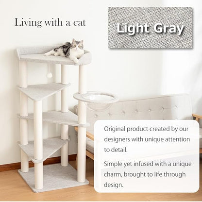 Cat Tree for Indoor Cats, 53” Tall Modern Cat Tower with Acrylic Bowl Bed & Multi-Level Platforms, Stable Cat Condo for Large Cats (Light Gray)