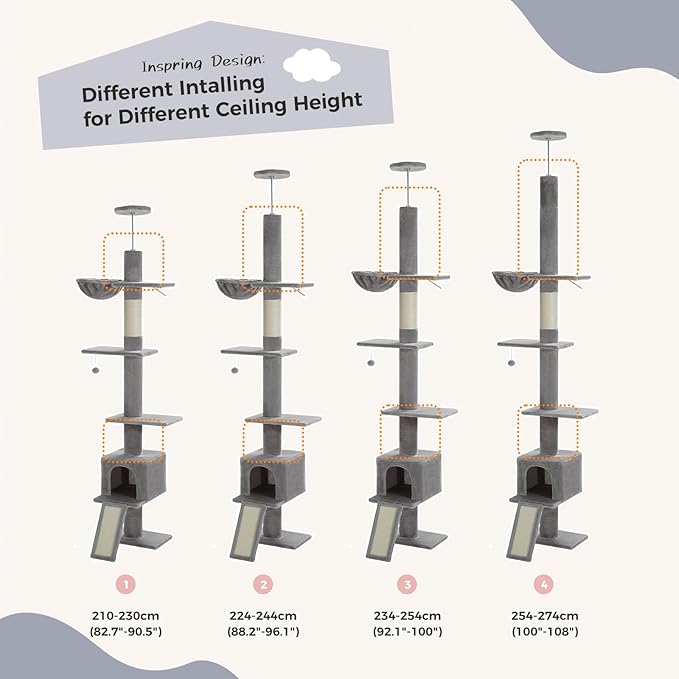 PEQULTI Cat Tree Floor to Ceiling, Tall Cat Tower, Adjustable Height (83''-108'') 5 Tiers Climbing Tree for Indoor Cats with Cat Condo, Scratching Post and Ladder, Grey