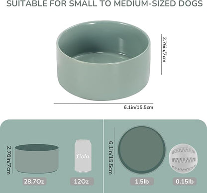 SPUNKYJUNKY 28.7OZ Ceramic Dog and Cat Bowl, Modern Cute Weighted Food Water Bowl for Replacement Morandi Green (2 Pack)