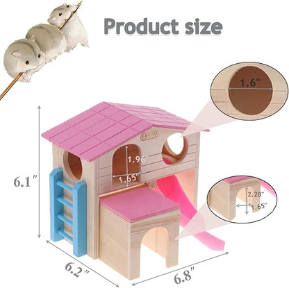 kathson Pet Small Animal Hideout Hamster House with Funny Climbing Ladder Slide Wooden Hut Play Toys Chews for Small Animals Like Dwarf Hamster and Mouse(Pink)