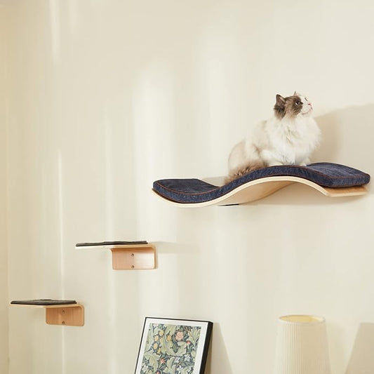 Cat Wall Shelf with Two Steps - Wave Cat Shelves and Perches for Wall - Wall Mounted Cats Furniture for Sleeping, Playing, Climbing, and Lounging