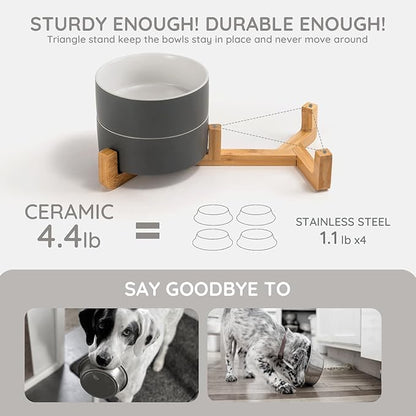 SPUNKYJUNKY Ceramic Dog and Cat Bowl Set with Wooden Stand, Modern Cute Weighted Food Water Set for Small Size Dogs (13.5OZ) & Medium Sized Dogs (28.7OZ) & Cats (3.6 Cups, 2 × White-Grey)