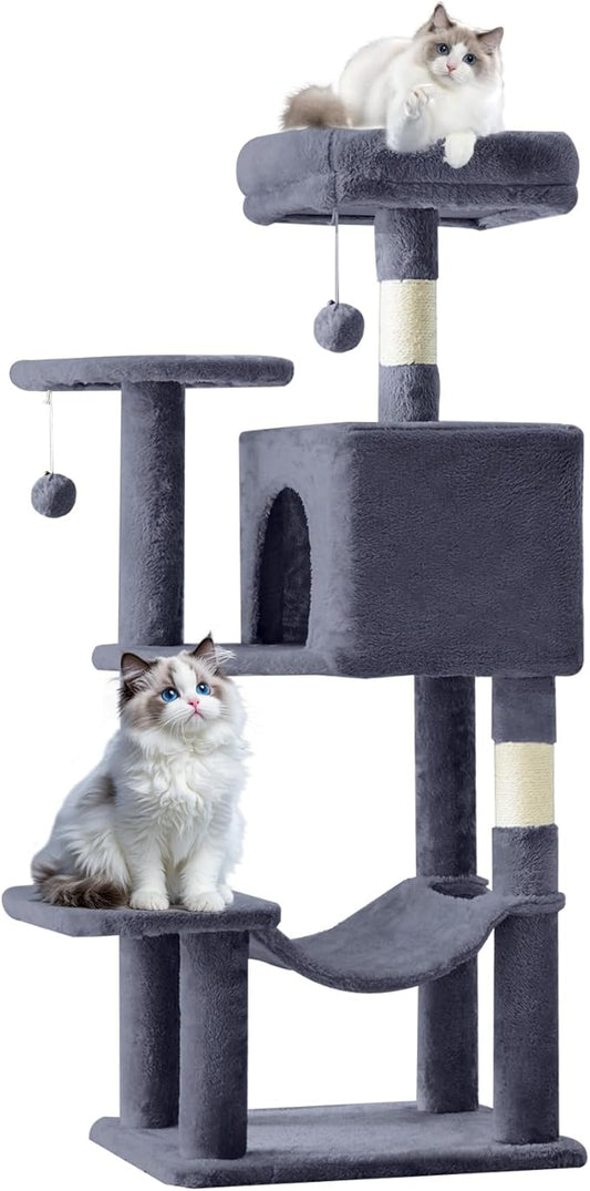 Sweetcrispy 44 inch Cat Tree Tower, Multi-Cat Climbing Tower with Condo, Natural Sisal Scratching Posts, Extended Platform, Hammock, Pet House for Indoor Cats and Kittens Play, Dark Grey