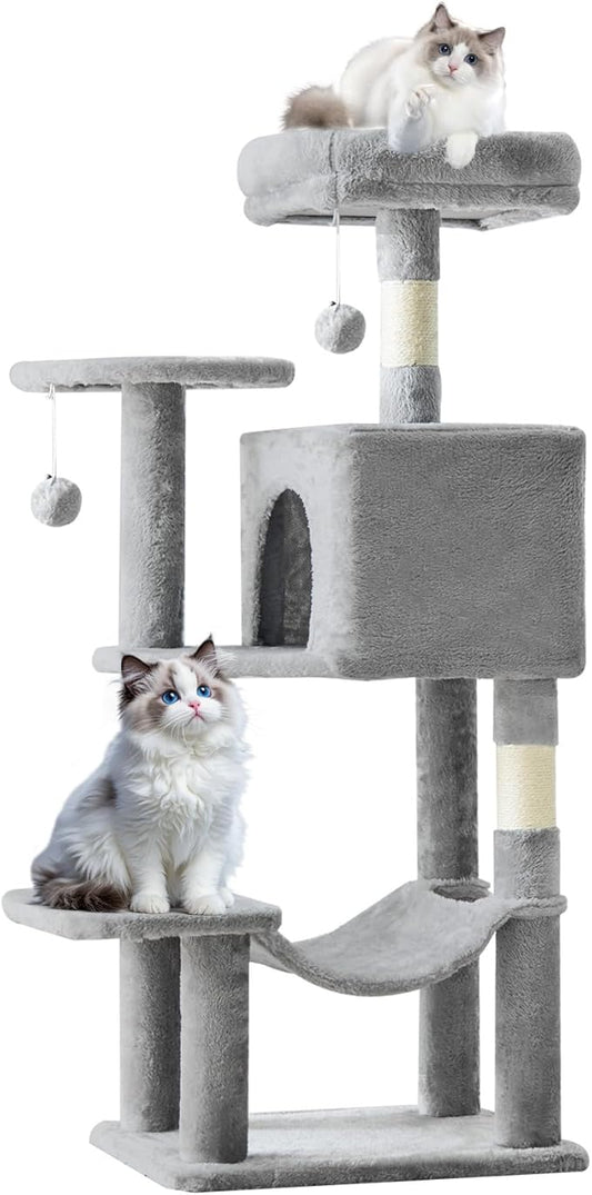 Sweetcrispy 44 inch Cat Tree Tower, Multi-Cat Climbing Tower with Condo, Natural Sisal Scratching Posts, Extended Platform, Hammock, Pet House for Indoor Cats and Kittens Play, Light Grey