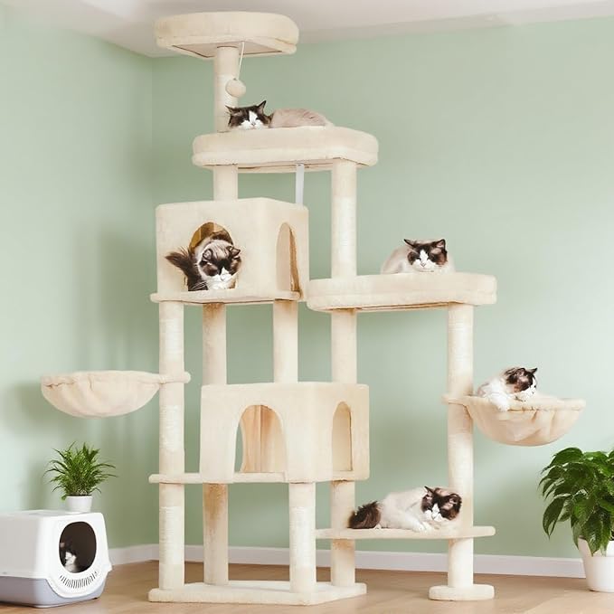 Hey-brother Cat Tree Tower, Scratching Posts with a Extended Part, Wide Platforms, Cozy Condos, Hammocks, Sisal Columns and Ball for Indoor Cats, 70.1 Inches, Beige MPJ038M