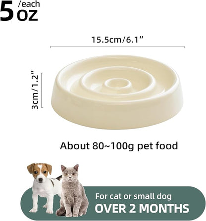 Ceramic Slow Feeder for Cats, Slow Food Bowl, Circle Shape (Bowl x 2 - Cream, 6inch)