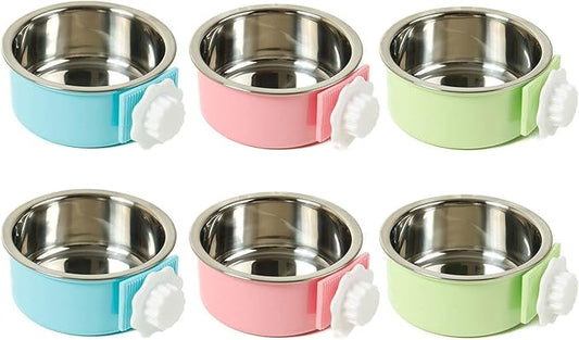 kathson Crate Dog Bowl, Removable Stainless Steel Hanging Pet Cage Bowl Food & Water Feeder Coop Cup for Cat, Puppy, Birds, Rats, Guinea Pigs (6 PCS, Size: L, 2×Blue,2×Green,2×Pink)