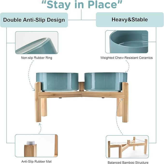 SPUNKYJUNKY Elevated Dog Bowls Ceramic, 7.3'' Dogs Food Water Bowls Raised with Non-Slip Bamboo Stand for Medium to Large Sized Breed Microwave Dishwasher Safe - 42 OZ,Dark Green