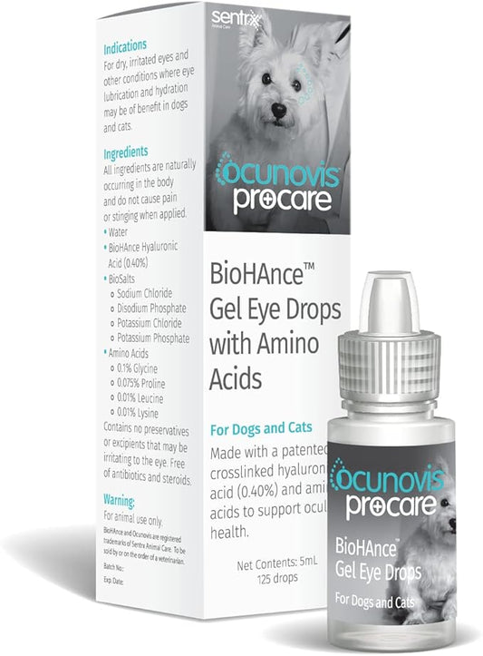Sentrx - Ocunovis ProCare Gel Eye Drops for Dogs and Cats, Hydrating Cat and Dog Eye Drops with Hyaluronic Acid, Lysine, and Amino Acids, Preservative-Free and Antibiotic-Free, 5 ml