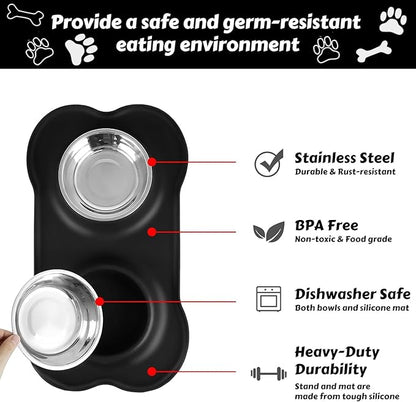 AsFrost Dog Food Bowls Stainless Steel Dog Bowls with No Spill Non-Skid Silicone Mat, Dog Food and Water Bowl Set, Dog Dishes for Small Medium Large Sized Dogs Pet Food Feeding Bowls, 4 Cup, Black