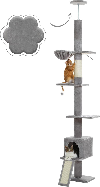 PEQULTI Cat Tree Floor to Ceiling, Tall Cat Tower, Adjustable Height (83''-108'') 5 Tiers Climbing Tree for Indoor Cats with Cat Condo, Scratching Post and Ladder, Grey