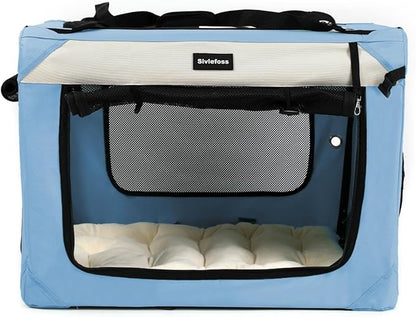 Large Cat Carrier Collapsible Travel Dog Crate Portable Soft-Sided Pet Kennel with Super Soft Warm Plush Pillow for Indoor and Outdoor 24x16x16in,Sky Blue