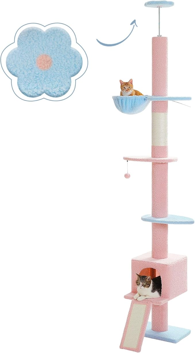 PEQULTI Cat Tree Floor to Ceiling,Tall Cat Tower, Adjustable Height (83''-108'') 5 Tiers Climbing Tree for Indoor Cats with Cat Condo, Scratching Post and Ladder,Pink