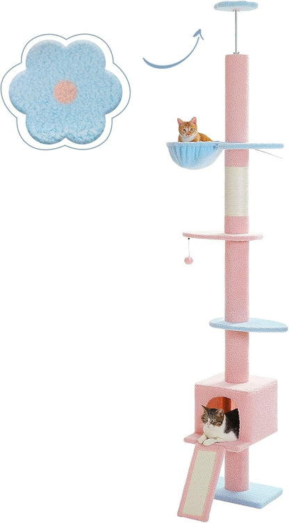 PEQULTI Cat Tree Floor to Ceiling,Tall Cat Tower, Adjustable Height (83''-108'') 5 Tiers Climbing Tree for Indoor Cats with Cat Condo, Scratching Post and Ladder,Pink