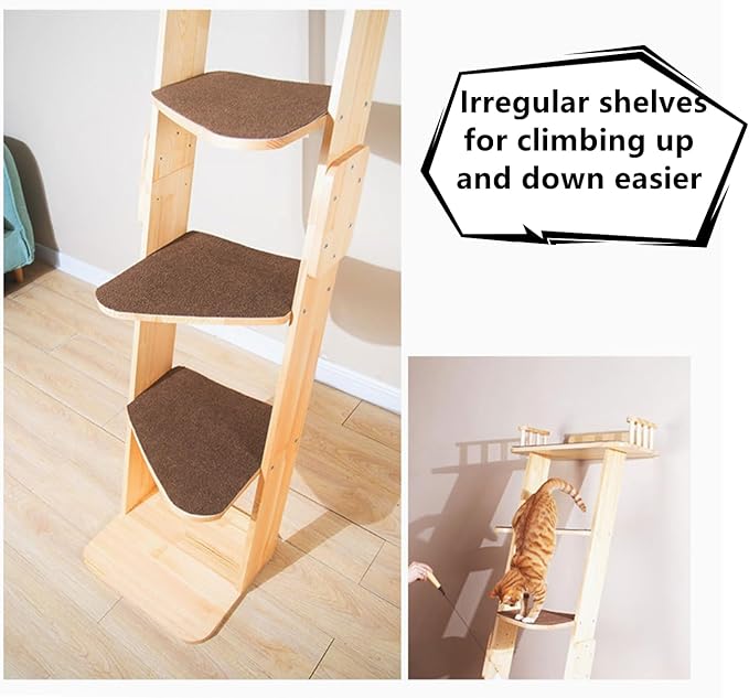 Modern 70“ Tall 6 Level Leaning Cat Climbing Ladder Tree Tower Condo with Large Perch Platform for Window Wall, Solid Wood Cat Furniture Shelves for Multiple Cats