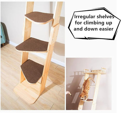 Modern 70“ Tall 6 Level Leaning Cat Climbing Ladder Tree Tower Condo with Large Perch Platform for Window Wall, Solid Wood Cat Furniture Shelves for Multiple Cats
