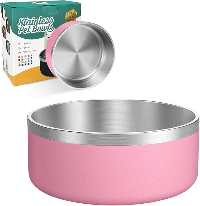 LIANLAI Dog Bowls Large Sized, Rust-Resistant Stainless Steel Dog Bowls, Non Slip Puppy Dishes, Dishwasher Safe (Pink，64 oz)