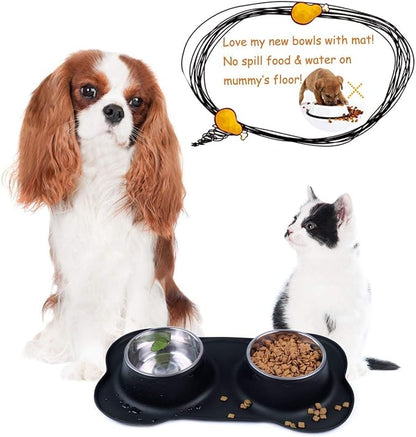 AsFrost Dog Food Bowls Stainless Steel Pet Bowls & Dog Water Bowls No Spill Non Skid, Feeding Bowls with Dog Bowls Silicone Mat for Small Medium Large Size Dogs, Cat Pet Dog Dishes Set, Black, 3 Cup