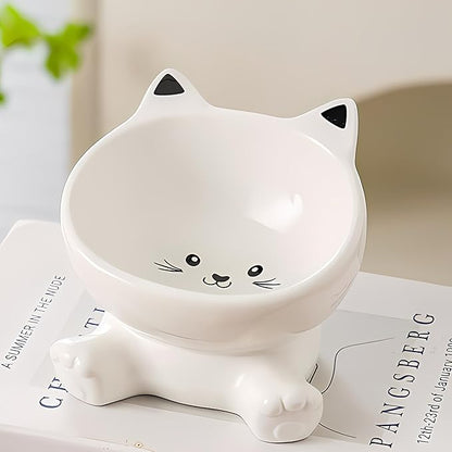 Raised Cat Bowl with 3D Cute Kitten Ears for Holding Food and Water, Elevated Ceramic Pet Dishes Protect Pet's Spine