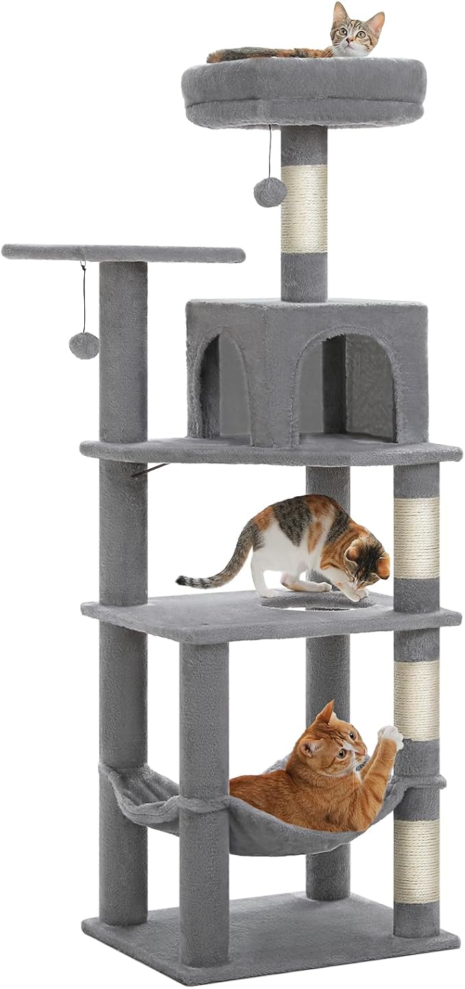 PEQULTI 56.3'' Cat Tree for Indoor Cats, Multi-Level Cat Tower with 2 Top Perch. Cat Condo, Hammock and Sisal-Covered Scratching Post, Grey